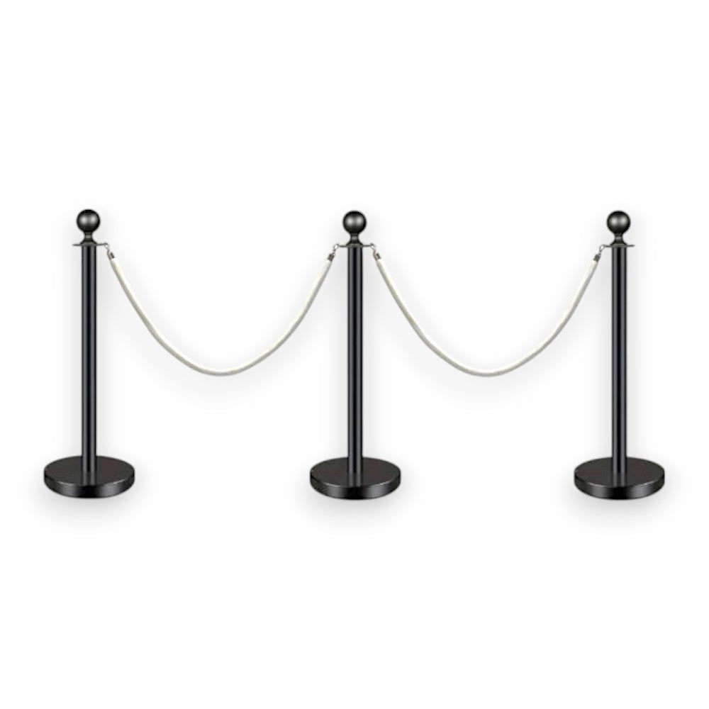 Black Queue Bollard Post Set of 3 Posts + 2 White Ropes – BIZ DISPLAY ELITE