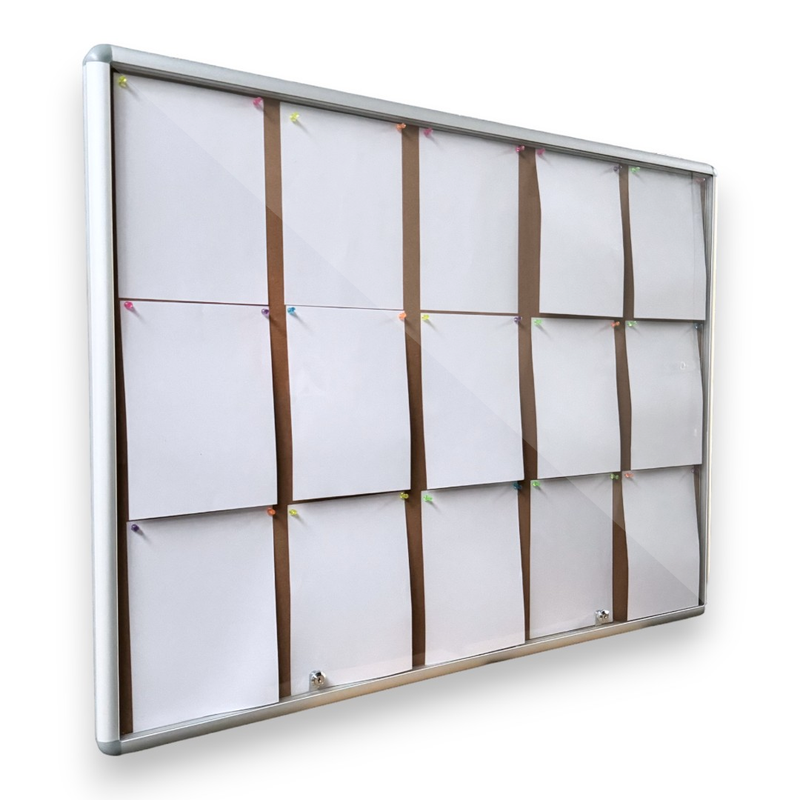 1. 15xA4 Lockable Notice Board Indoor Wall Mounted Cork Board